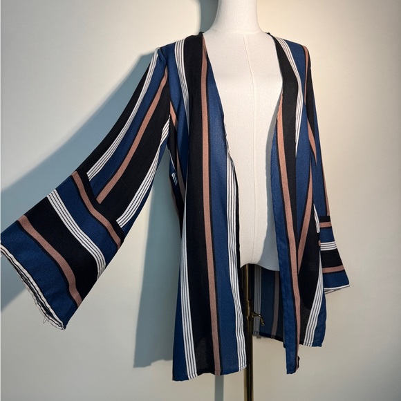 Missguided Blue Striped Open Front Kimono Top Cover-up - Picture 1 of 6